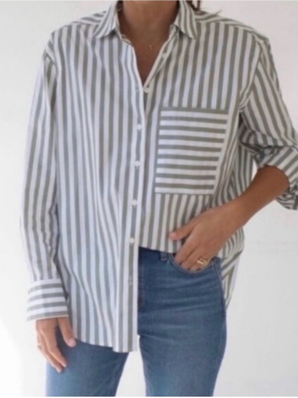 AYR The Deep End Oversized Striped Button Down Shirt Light Sage White Small